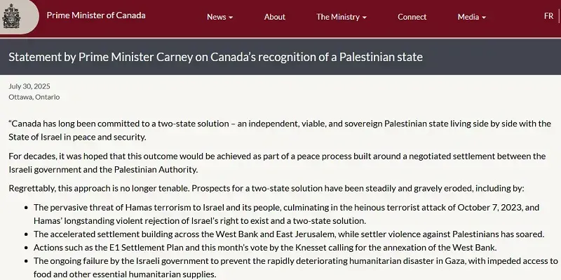 Canada sẽ công nhận nhà nước Palestine tại kỳ họp Đại hội đồng Liên Hợp Quốc