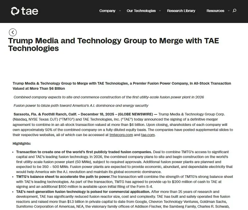 Thị trường biến động sau khi Trump Media s&aacute;p nhập TAE Technologies