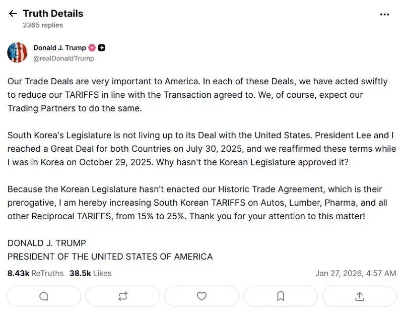 Trump tăng thuế H&agrave;n Quốc do nước n&agrave;y chưa ph&ecirc; chuẩn thỏa thuận c&ugrave;ng Hoa Kỳ