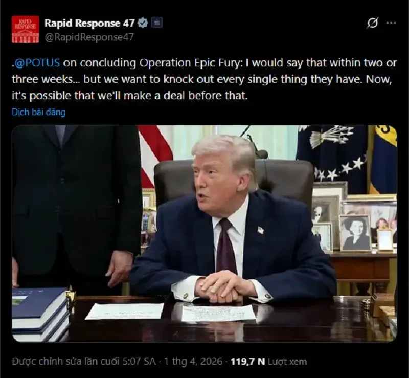 &Ocirc;ng Trump n&oacute;i Hoa Kỳ c&oacute; thể r&uacute;t khỏi Iran trong 2 - 3 tuần tới