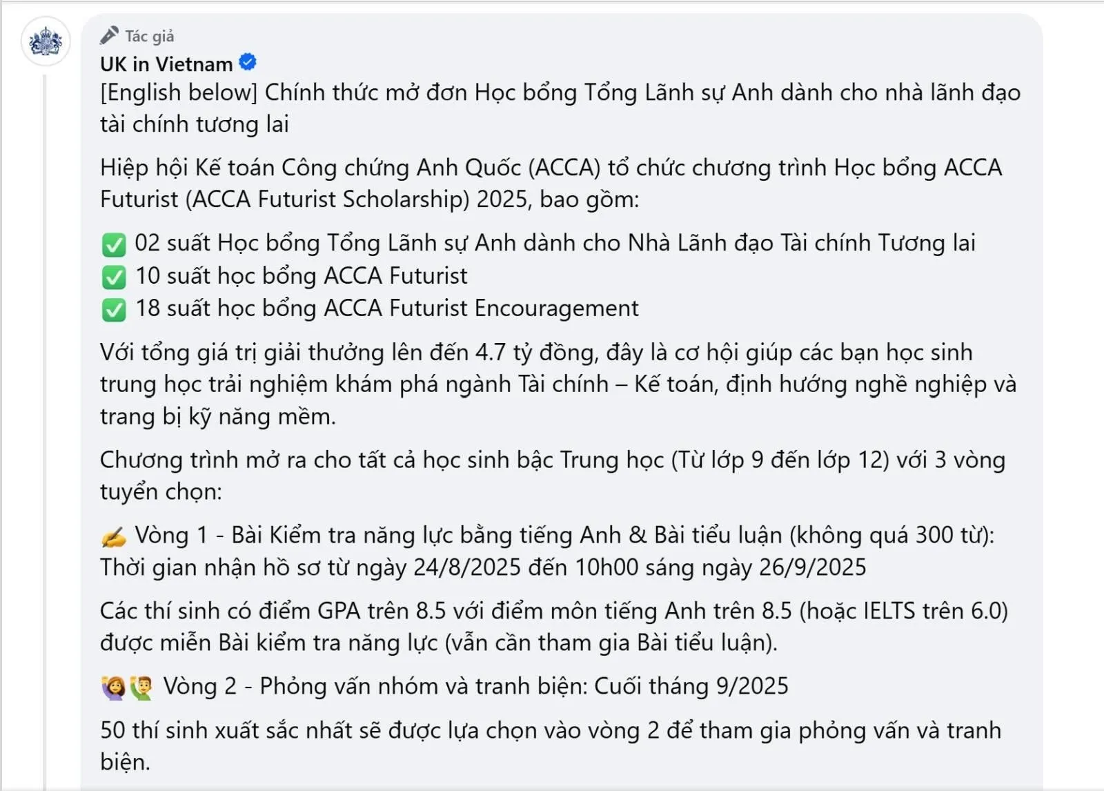 Học bổng ACCA Futurist 2025 mở đơn cho học sinh Việt Nam