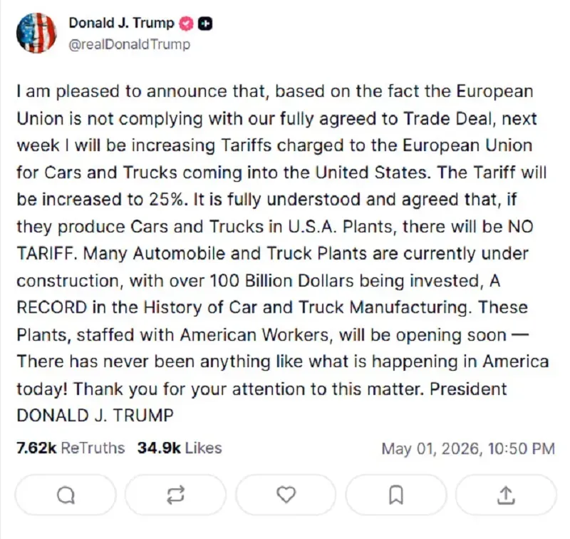 &Ocirc;ng Trump &aacute;p thuế 25% l&ecirc;n &ocirc; t&ocirc; v&agrave; xe tải nhập khẩu từ EU