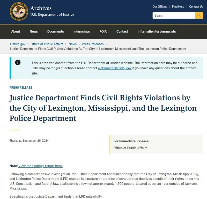 DOJ buộc Lexington (Mississippi) cải c&aacute;ch sau c&aacute;o buộc vi phạm quyền d&acirc;n sự