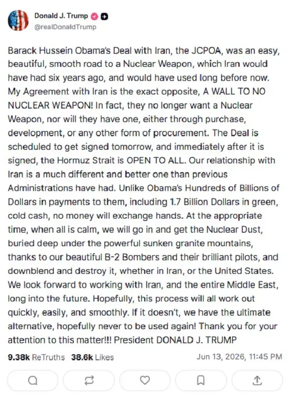 Trump tuy&ecirc;n bố sẽ k&yacute; thỏa thuận h&ograve;a b&igrave;nh c&ugrave;ng Iran v&agrave;o ng&agrave;y 14/6