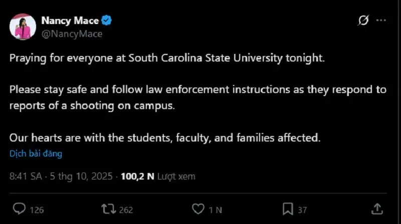 Hoa Kỳ: Xả súng liên tiếp tại Đại học Bang Nam Carolina, 2 người thương vong