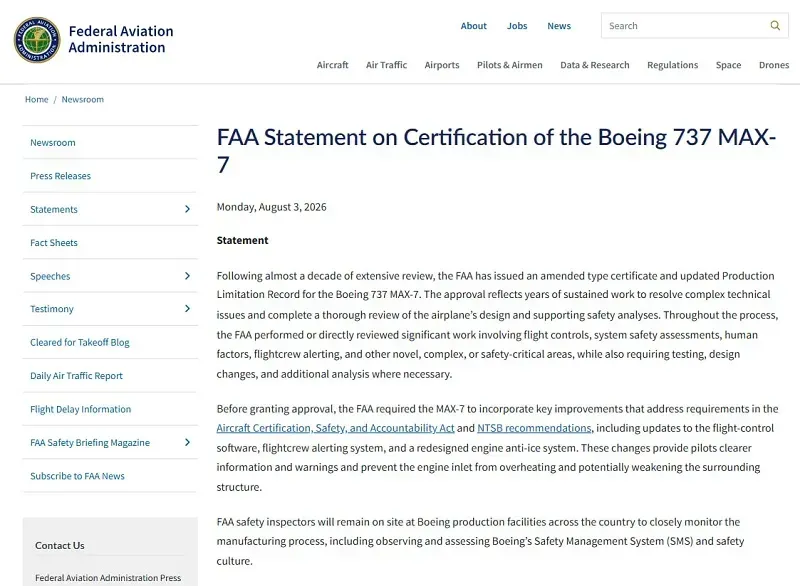 FAA cấp chứng nhận an to&agrave;n bay Boeing 737 Max 7 sau nhiều năm tr&igrave; ho&atilde;n