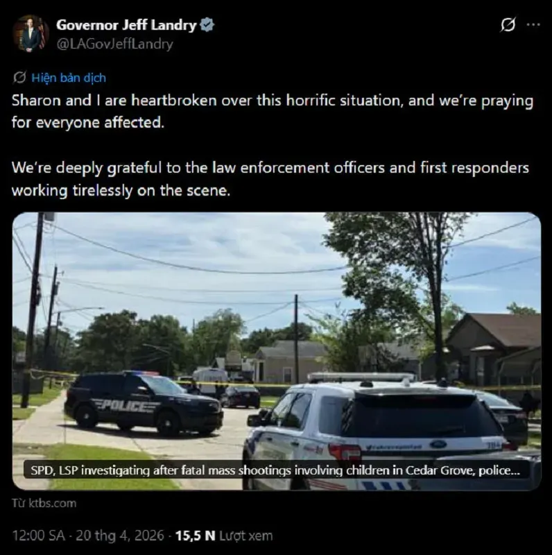 Hoa Kỳ: Bạo lực gia đ&igrave;nh dẫn đến xả s&uacute;ng ở Louisiana, 8 trẻ thiệt mạng