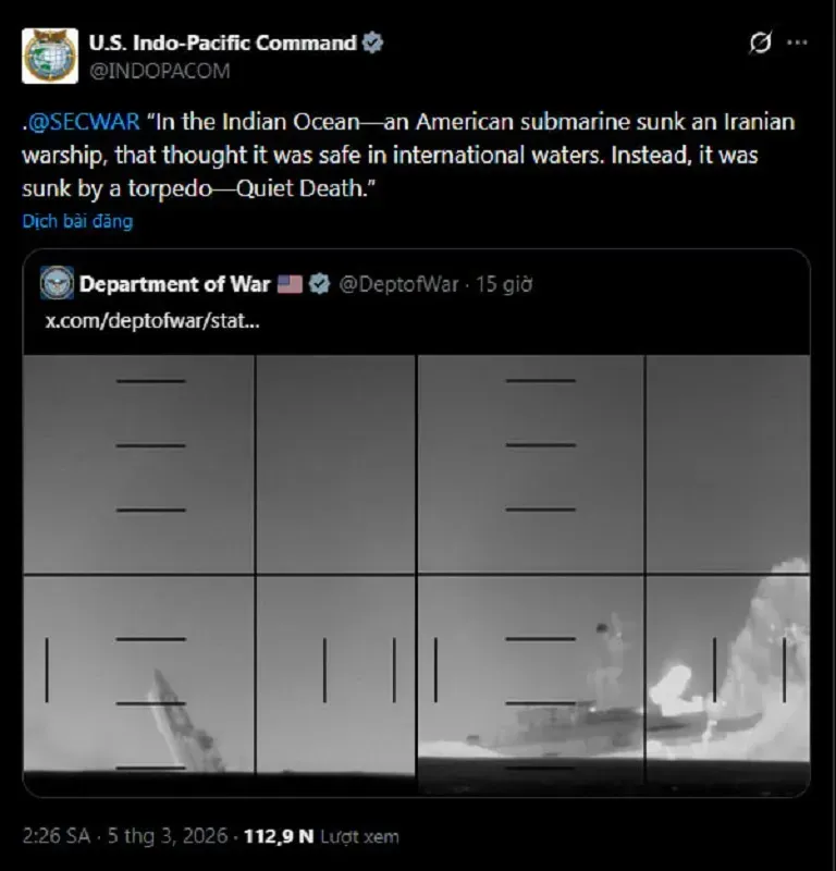 T&agrave;u ngầm Hoa Kỳ đ&aacute;nh ch&igrave;m t&agrave;u Iran ở Ấn Độ Dương