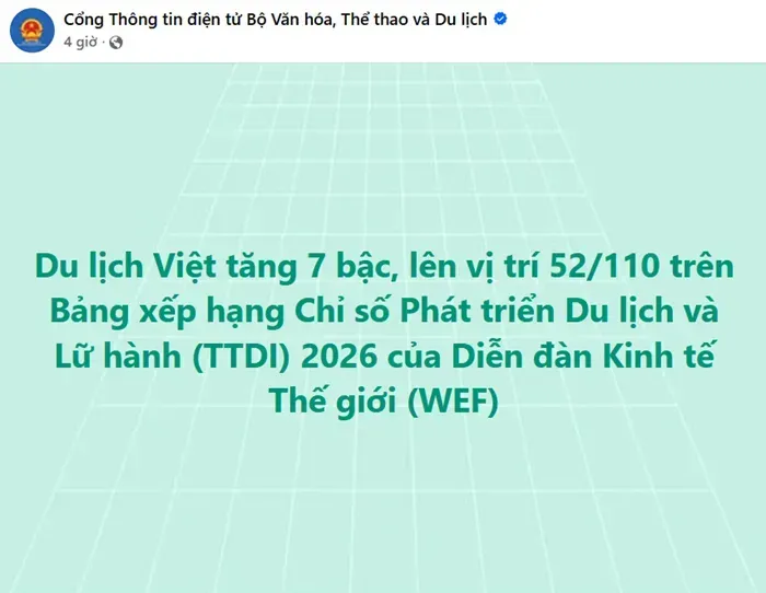 Du lịch Việt Nam tăng 7 bậc tr&ecirc;n bảng xếp hạng TTDI 2026