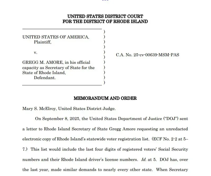 T&ograve;a &aacute;n li&ecirc;n bang ngăn DOJ thu thập dữ liệu cử tri bang Rhode Island