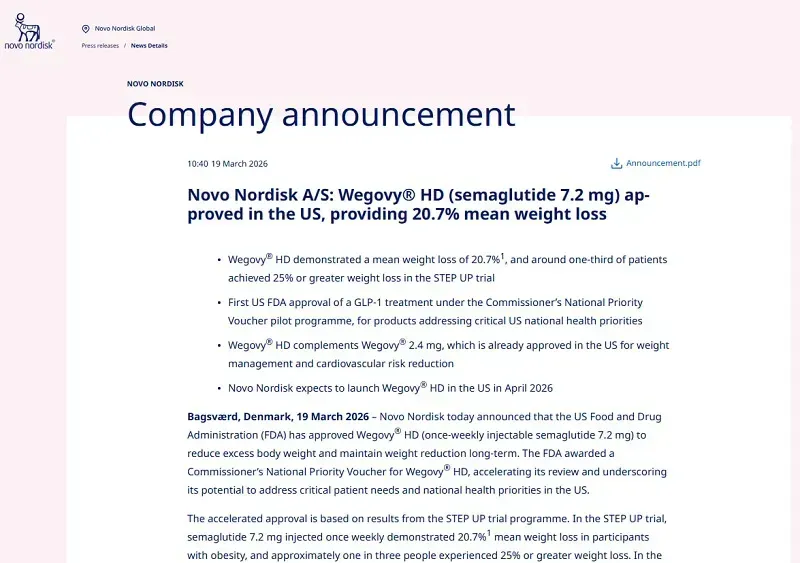FDA ph&ecirc; duyệt thuốc giảm c&acirc;n liều cao do Novo Nordisk ph&aacute;t triển