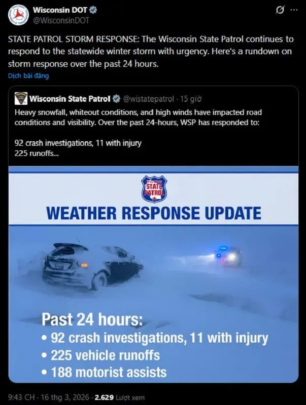 Thời tiết m&ugrave;a Đ&ocirc;ng Hoa Kỳ: Tuyết d&agrave;y, gi&oacute; mạnh, nguy cơ lốc xo&aacute;y