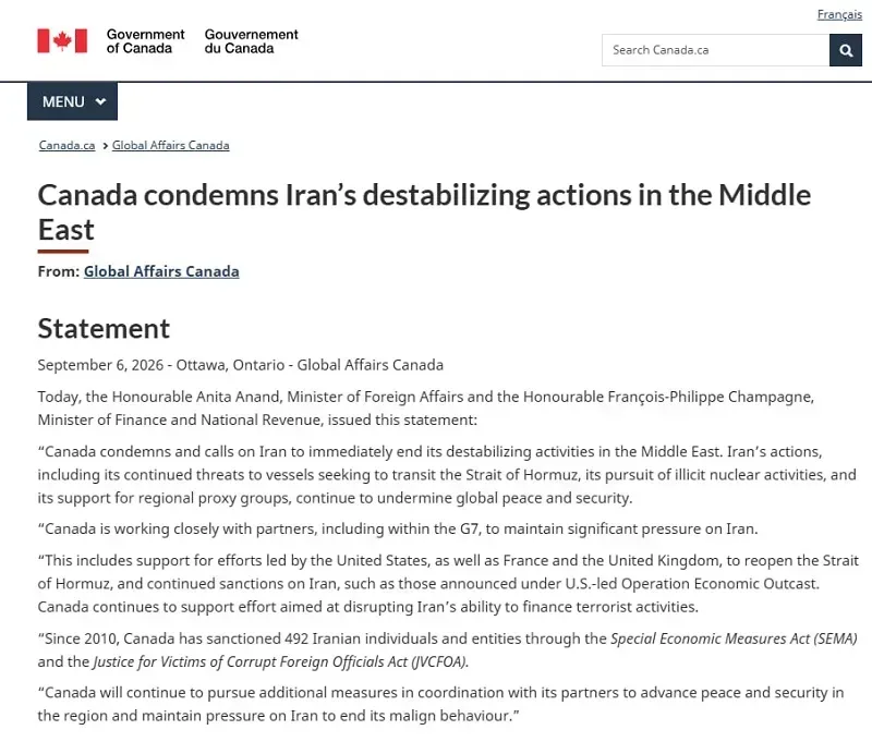 iran-chi-trich-canada-vi-ung-ho-hoa-ky-tai-eo-bien-hormuz-1.webp Iran chỉ trích Canada vì ủng hộ Hoa Kỳ tại eo biển Hormuz