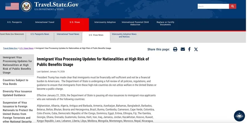 Hoa Kỳ tạm dừng xử l&yacute; visa nhập cư từ 75 quốc gia