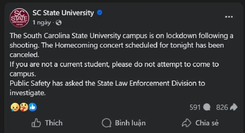 Hoa Kỳ: Xả súng liên tiếp tại Đại học Bang Nam Carolina, 2 người thương vong