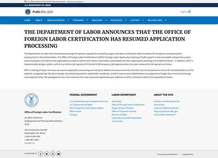Bộ Lao động Hoa Kỳ thông báo mở lại hệ thống FLAG