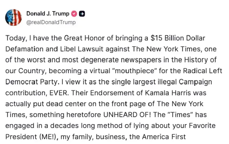 Trump kiện tờ The New York Times tội phỉ báng, yêu cầu bồi thường 15 tỷ USD
