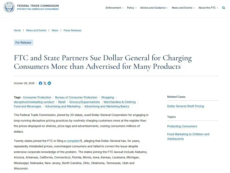 FTC c&ugrave;ng 20 bang kiện Dollar General với c&aacute;o buộc gian lận gi&aacute; ni&ecirc;m yết