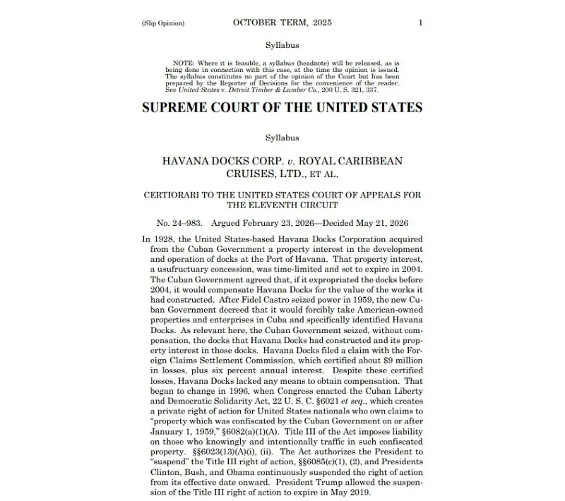 SCOTUS cho ph&eacute;p kiện c&aacute;c c&ocirc;ng ty sử dụng t&agrave;i sản bị Cuba tịch thu