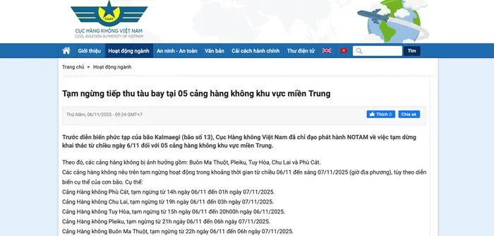 Việt Nam: 5 sân bay ở miền Trung ngưng hoạt động do bão Kalmaegi