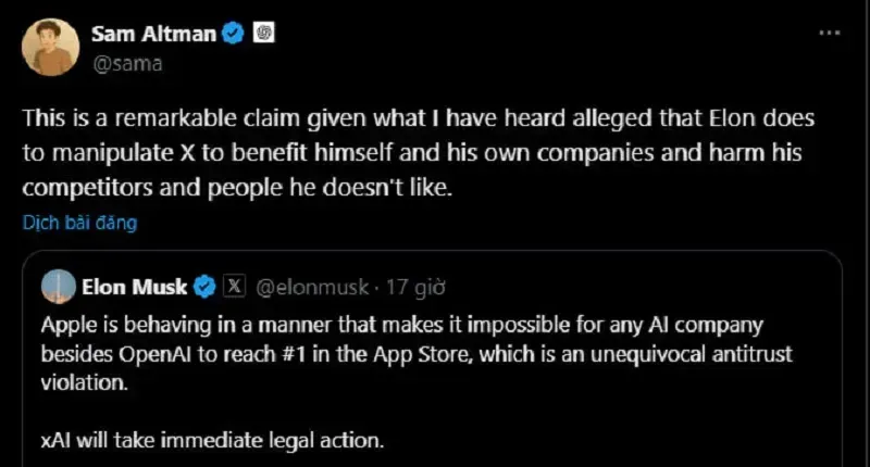 Musk cáo buộc Apple ưu ái chatbot ChatGPT của OpenAI, nói sẵn sàng kiện tụng