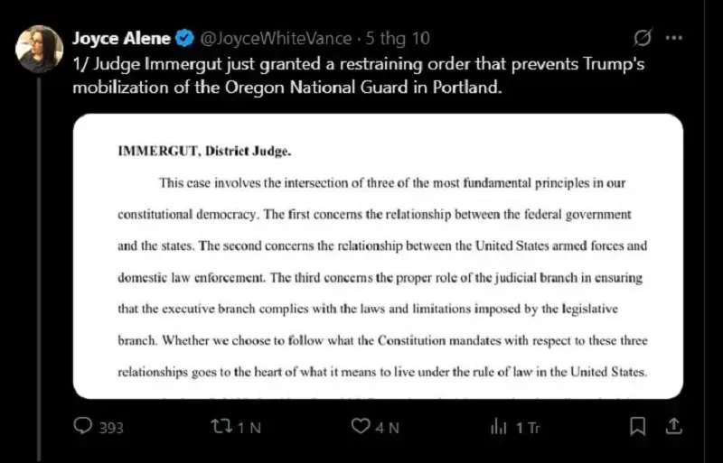 Việc triển khai Vệ binh Quốc gia đến Portland của Trump tạm thời bị chặn