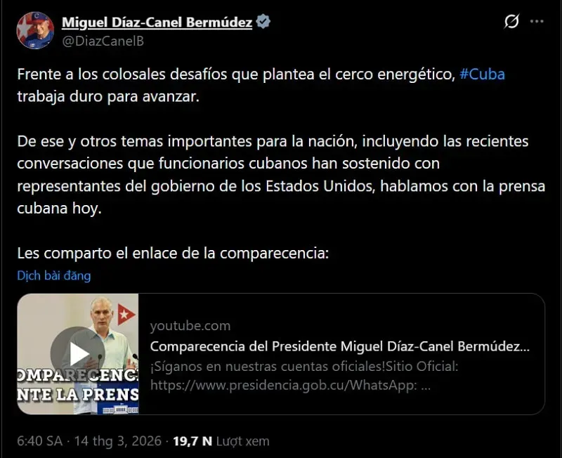 Cuba x&aacute;c nhận đ&agrave;m ph&aacute;n c&ugrave;ng Hoa Kỳ nhưng y&ecirc;u cầu &ldquo;duy tr&igrave; thiện ch&iacute;&rdquo;