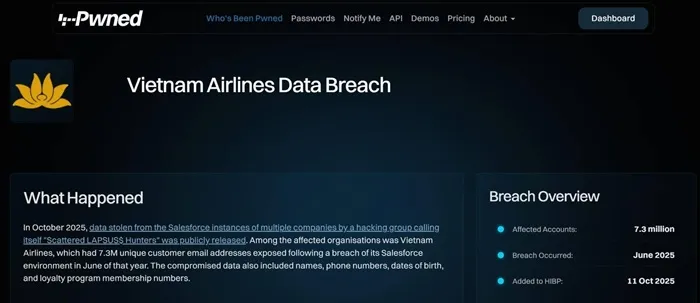 Khách hàng hãng hàng không Vietnam Airlines bị lộ thông tin cá nhân