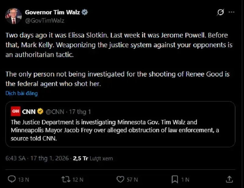 Đảng D&acirc;n chủ bảo vệ Thống đốc Minnesota bị DOJ triệu tập