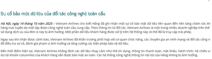 Khách hàng hãng hàng không Vietnam Airlines bị lộ thông tin cá nhân