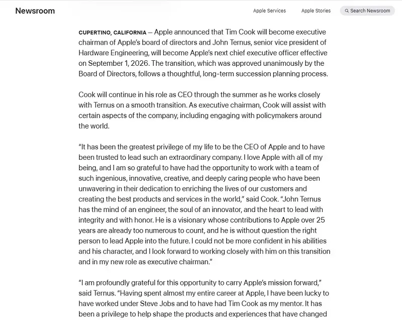 &Ocirc;ng Tim Cook sắp rời ghế CEO, Apple c&ocirc;ng bố người kế nhiệm