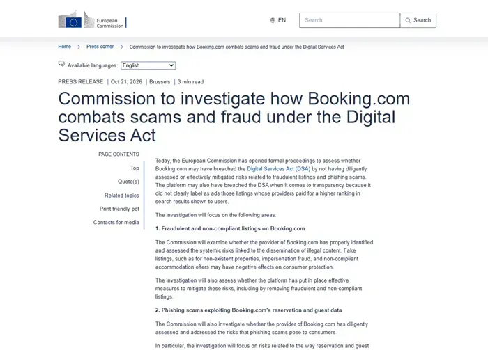 EU điều tra Booking.com về nguy cơ lừa đảo v&agrave; quảng c&aacute;o thiếu minh bạch