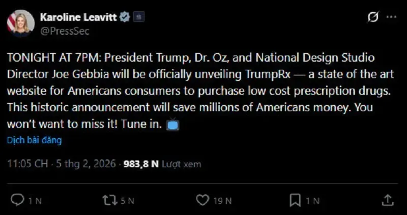 Nh&agrave; Trắng ra mắt nền tảng b&aacute;n thuốc gi&aacute; rẻ &ldquo;TrumpRx&rdquo;