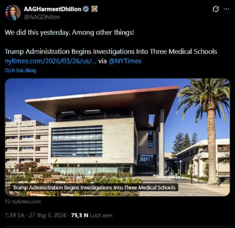 Nhiều trường y bị DOJ điều tra v&igrave; d&ugrave;ng yếu tố chủng tộc trong tuyển sinh