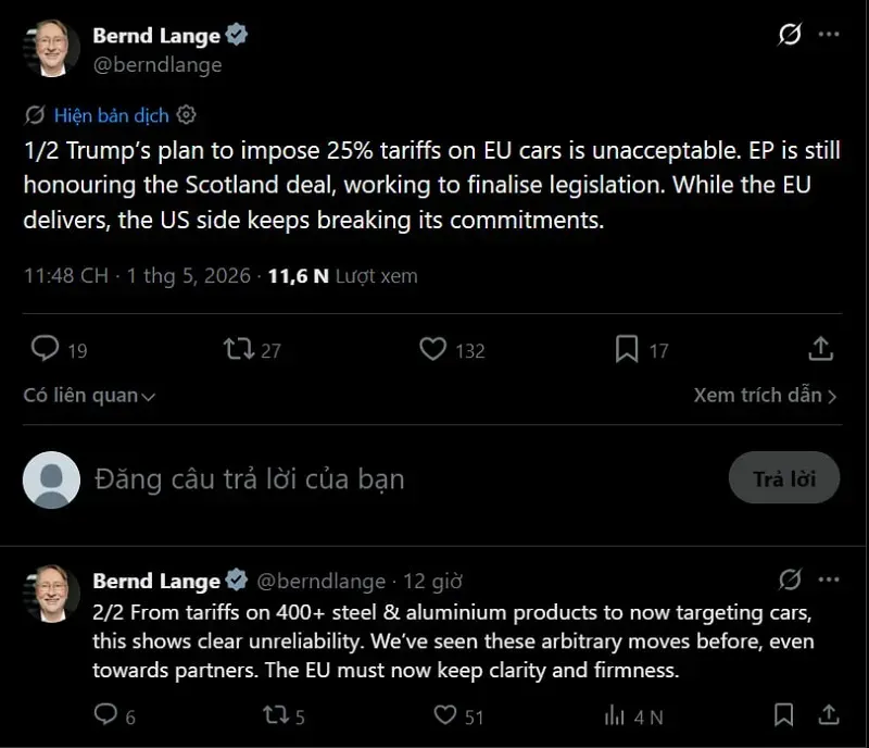 &Ocirc;ng Trump &aacute;p thuế 25% l&ecirc;n &ocirc; t&ocirc; v&agrave; xe tải nhập khẩu từ EU