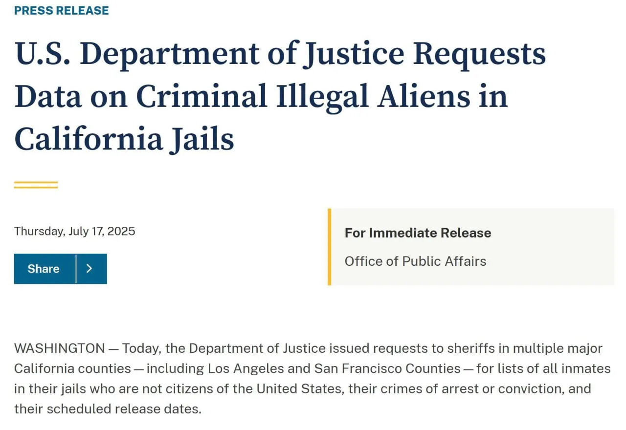 Bộ Tư pháp Mỹ yêu cầu California cung cấp dữ liệu tù nhân nhập cư Bộ Tư pháp Mỹ yêu cầu California cung cấp dữ liệu tù nhân nhập cư