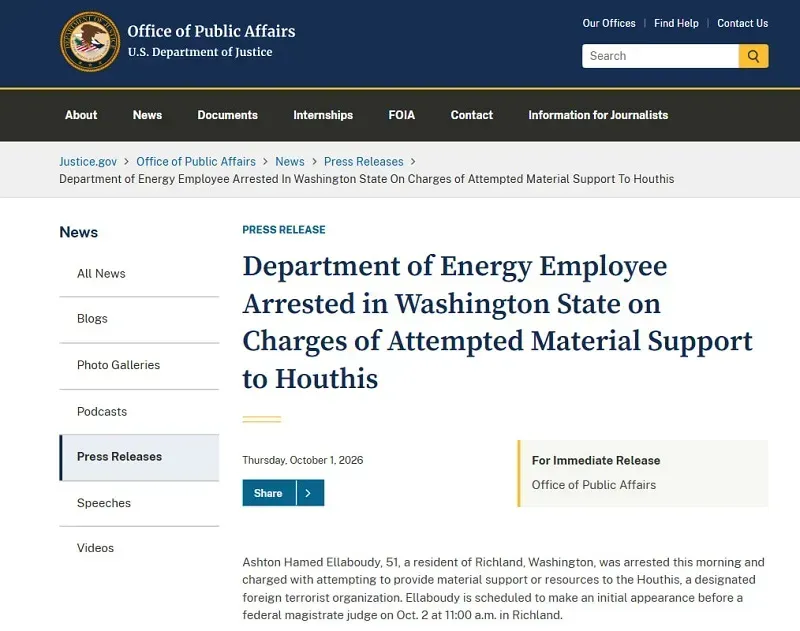 FBI bắt nh&acirc;n vi&ecirc;n DOE v&igrave; hỗ trợ lực lượng Houthi ở Yemen