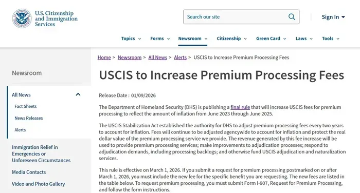 USCIS tăng ph&iacute; xử l&yacute; hồ sơ ưu ti&ecirc;n từ th&aacute;ng 3/2026