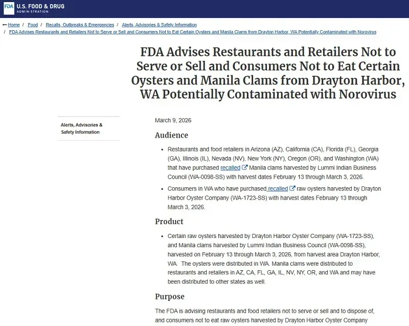 FDA cảnh b&aacute;o hải sản nhiễm virus g&acirc;y vi&ecirc;m dạ d&agrave;y đang b&aacute;n tại nhiều bang