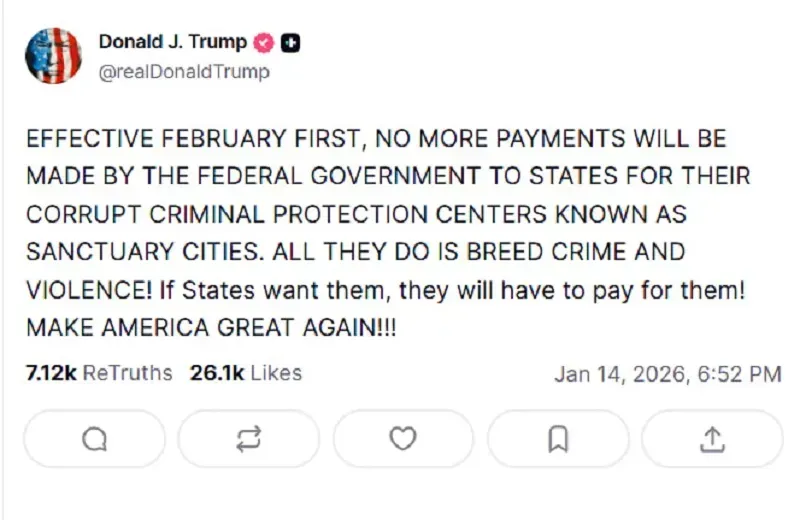 Trump tuy&ecirc;n bố chấm dứt t&agrave;i trợ li&ecirc;n bang cho c&aacute;c &ldquo;th&agrave;nh phố tr&uacute; ẩn&rdquo;