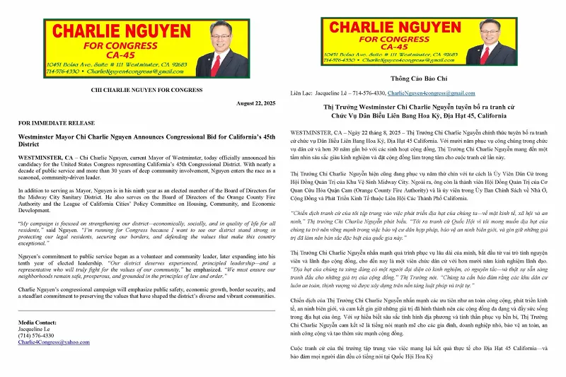 Westminster Mayor Charlie Nguyen Manh Chi Announces Candidacy for U.S. House of Representatives
