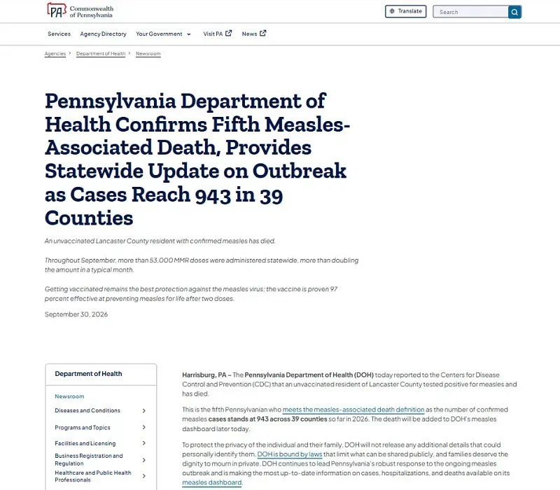 Bang Pennsylvania ghi nhận gần 1.000 ca sởi trong năm 2026