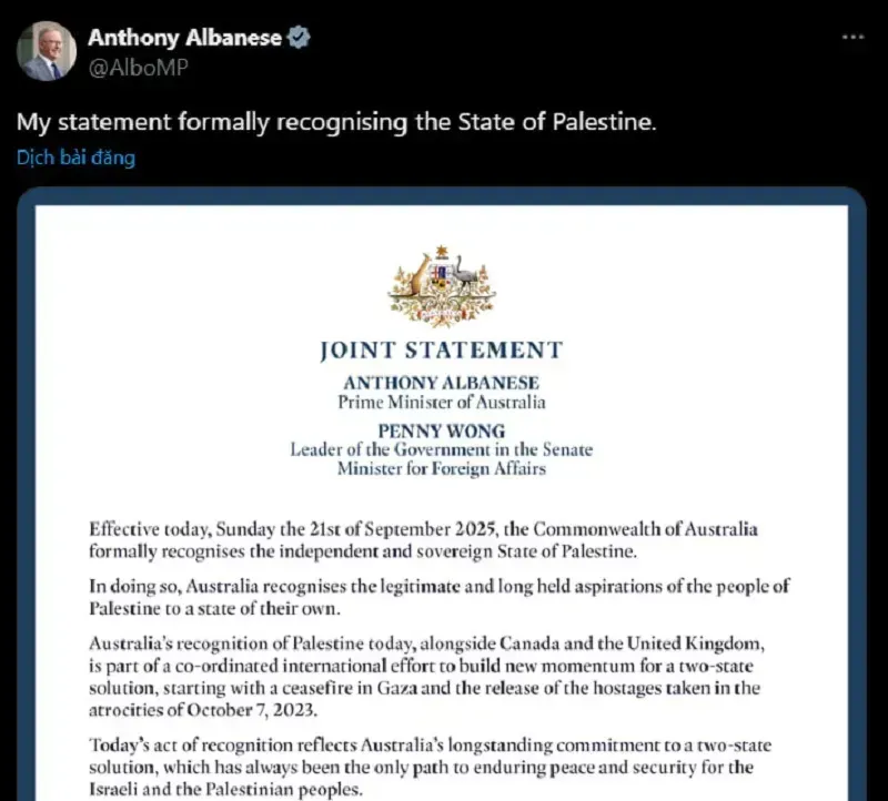 Anh, Canada, Úc chính thức công nhận Nhà nước Palestine 