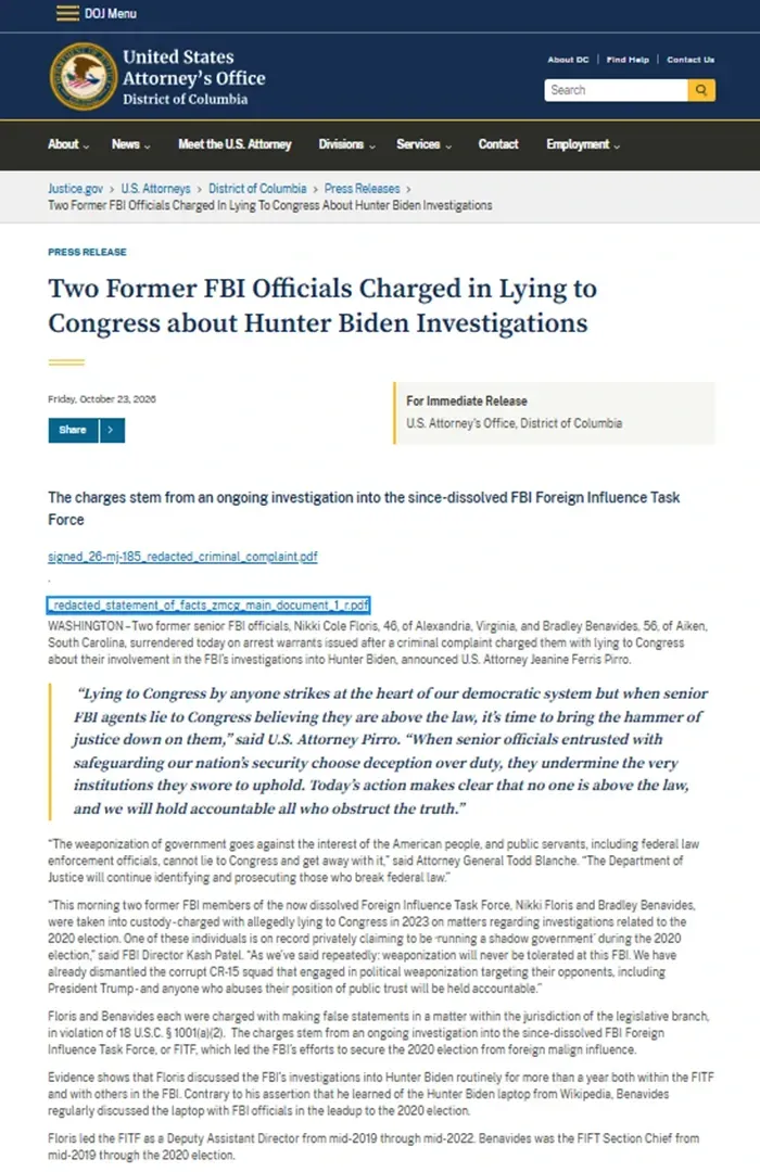 Hai cựu quan chức FBI bị truy tố v&igrave; c&aacute;o buộc khai man trước Quốc hội 