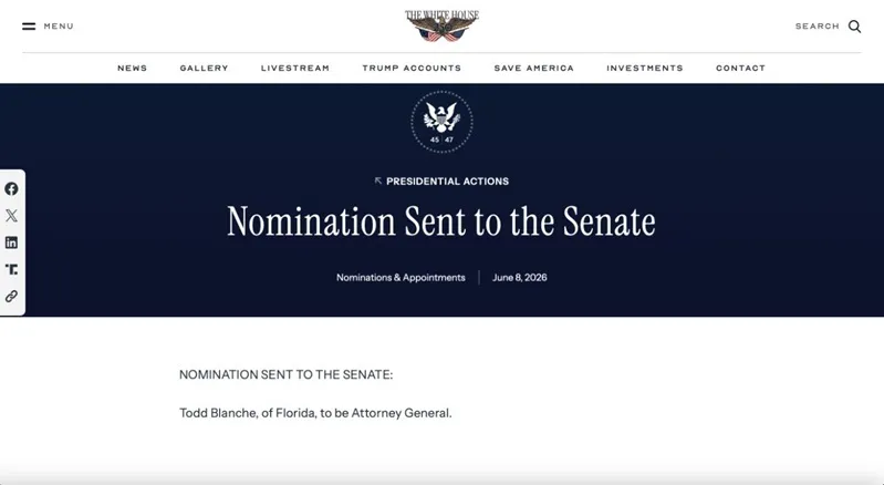 &Ocirc;ng Trump ch&iacute;nh thức đề cử &ocirc;ng Todd Blanche l&agrave;m Tổng Chưởng l&yacute; 
