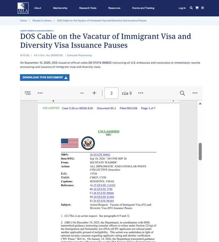 Hoa Kỳ nối lại xử l&yacute; hồ sơ visa định cư từng bị tạm dừng
