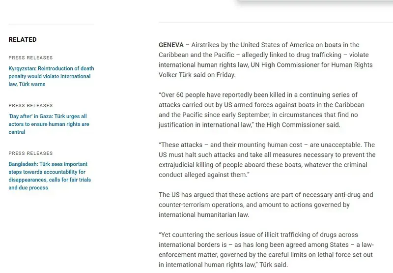 Liên Hợp Quốc yêu cầu Hoa Kỳ ngừng không kích tàu chở ma tuý