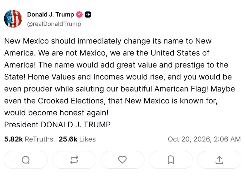 &Ocirc;ng Trump k&ecirc;u gọi đổi t&ecirc;n bang New Mexico th&agrave;nh &ldquo;New America&rdquo;
