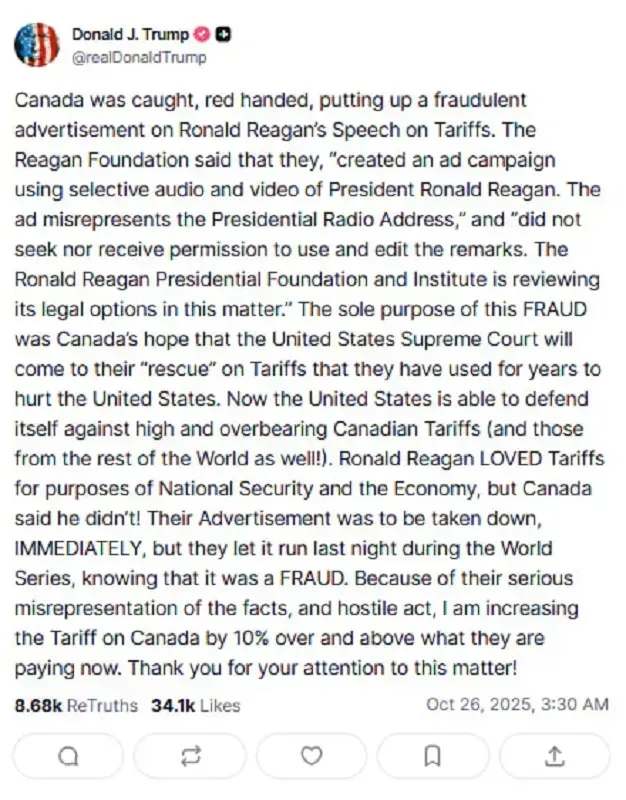 Trump áp thêm 10% thuế đáp trả vụ Canada phát quảng cáo