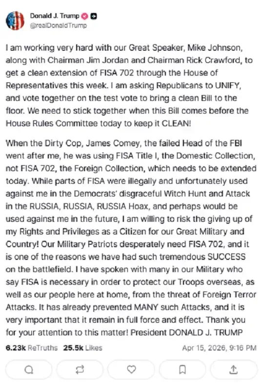 Trump gia hạn Đạo luật Gi&aacute;m s&aacute;t T&igrave;nh b&aacute;o Nước ngo&agrave;i đến ng&agrave;y 30/4